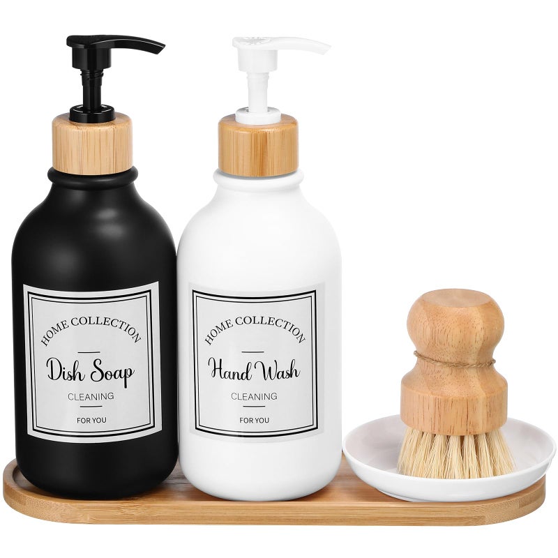 Zopeal 4 Pcs 16 oz Kitchen Soap Dispenser Set with Bamboo Tray and Dish Brush Plastic Soap Dispenser Set with Waterproof Labels for Hand Dish LotionMatte BlackWhite