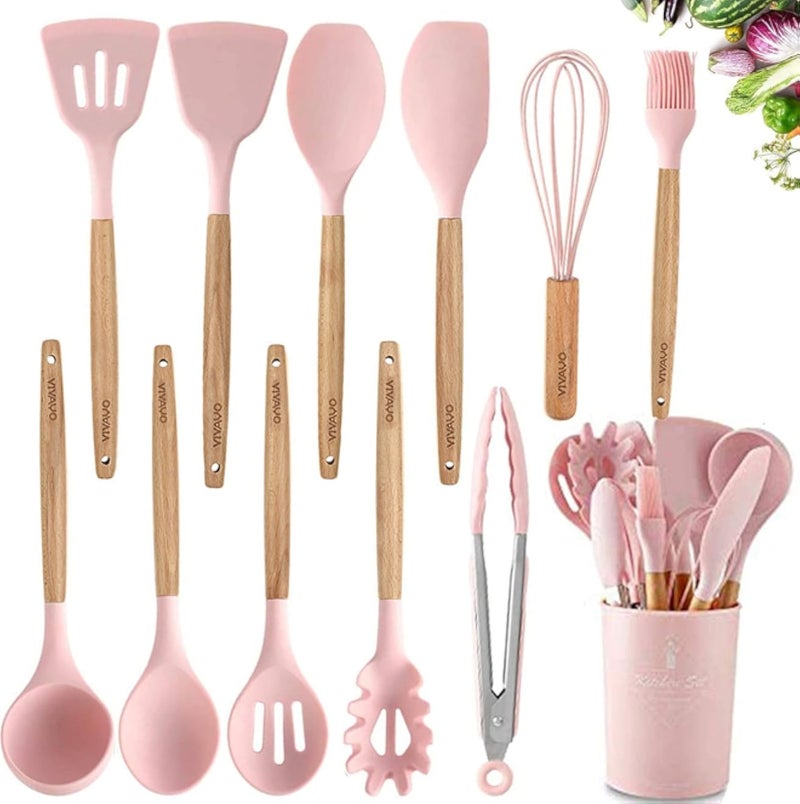 VIVAYO Silicone Cooking Utensil Kitchen Utensils Set, 12 Pieces Silicone Kitchen Utensil Wooden Handles, Kitchen Spatula Sets with Holder Spoon Turner Tongs, Pink