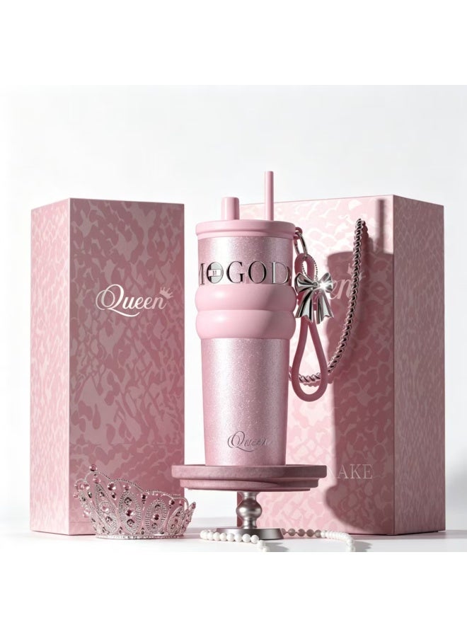 Queen Vacuum Insulated Tumbler with Retractable Straw, 304 Stainless Steel & Ceramic Lined, Leak-Proof - Pink - Image 1