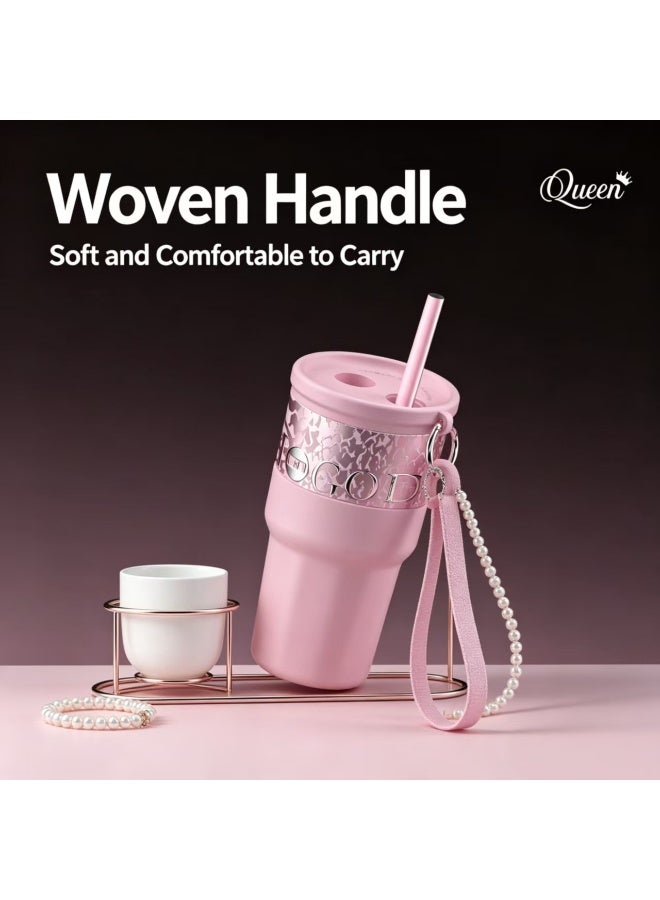 Queen Vacuum Insulated Tumbler with Retractable Straw, 304 Stainless Steel & Ceramic Lined, Leak-Proof - Pink - Image 3