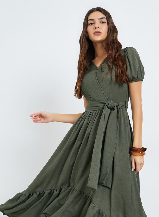 Styli Green Wrap Maxi Dress with Puff Sleeves - Image 2