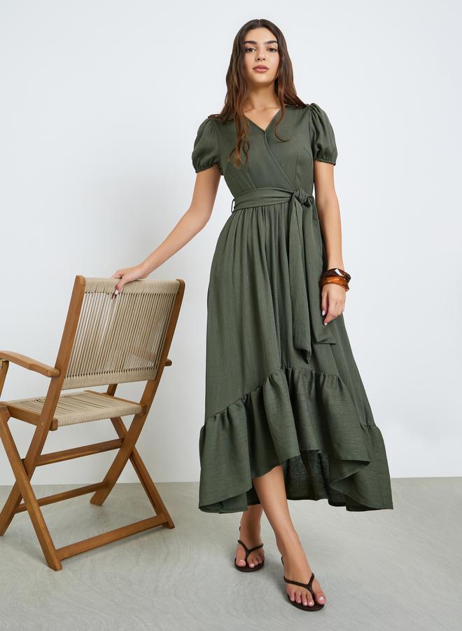 Styli Green Wrap Maxi Dress with Puff Sleeves - Image 1