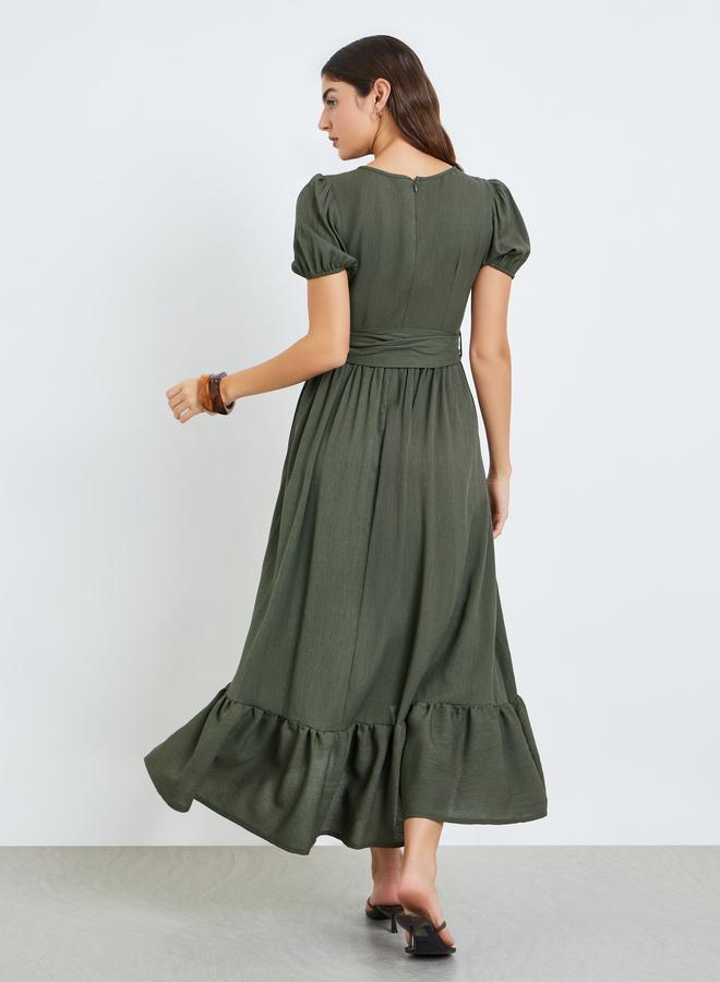 Styli Green Wrap Maxi Dress with Puff Sleeves - Image 3