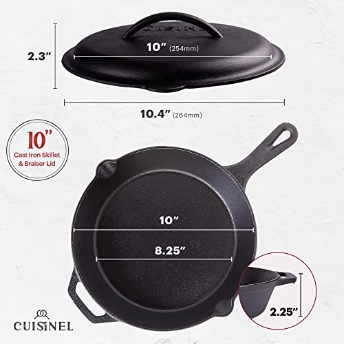 Cuisinel مقلاة كوزينيل من الحديد الزهر مع غطاء - مجموعة مقلاة مغطاة بحجم 10 بوصات مُعدة مسبقًا + مقبض سيليكون وحوامل غطاء + مكشطة/منظف - للاستخدام الداخلي/الخارجي، الفرن، الموقد، الشواء، النار، أدوات الطهي على الشواية - Image 3