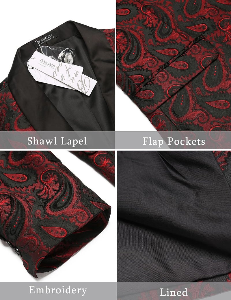 COOFANDY Men's Floral Tuxedo Jacket Paisley Shawl Lapel Blazer in Wine Red - Image 4
