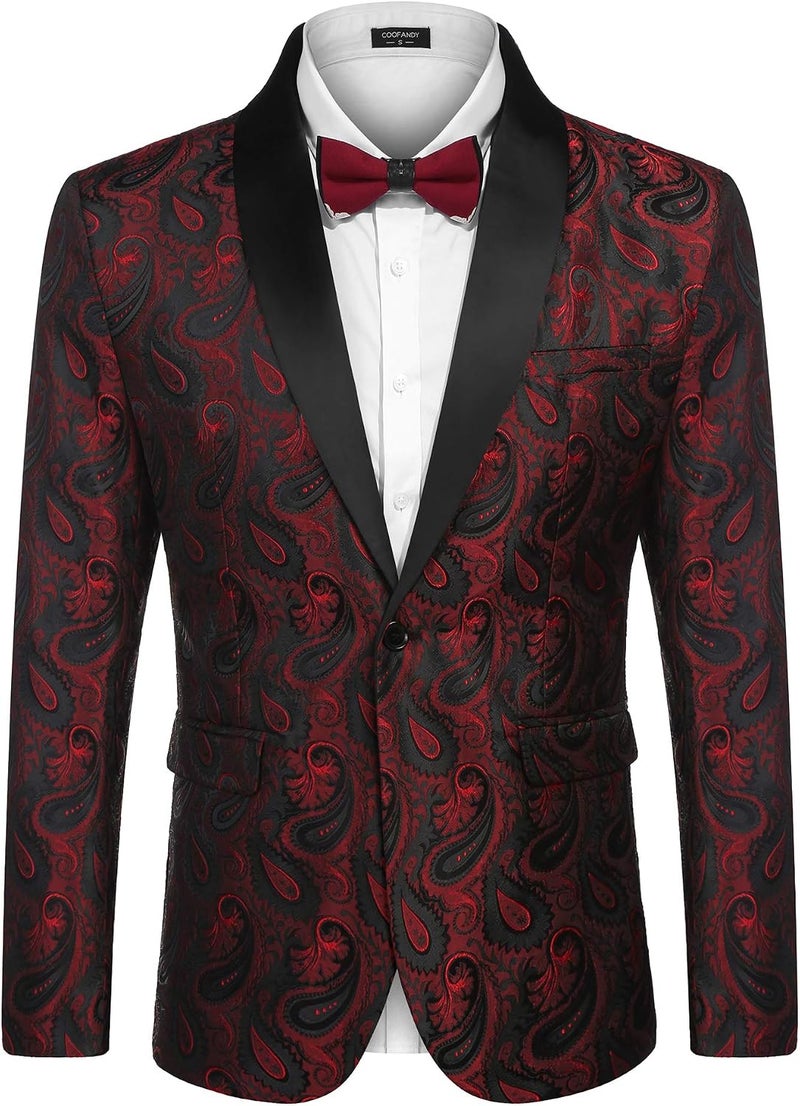 COOFANDY Men's Floral Tuxedo Jacket Paisley Shawl Lapel Blazer in Wine Red - Image 1