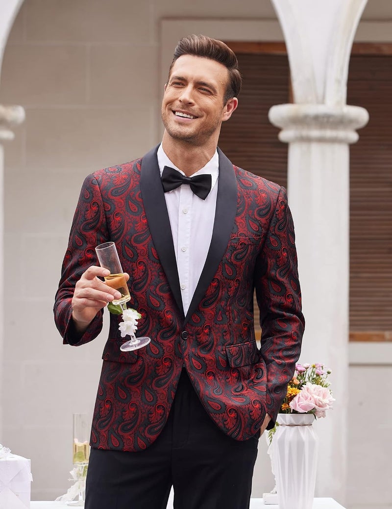 COOFANDY Men's Floral Tuxedo Jacket Paisley Shawl Lapel Blazer in Wine Red - Image 2