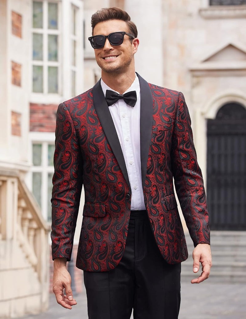 COOFANDY Men's Floral Tuxedo Jacket Paisley Shawl Lapel Blazer in Wine Red - Image 3