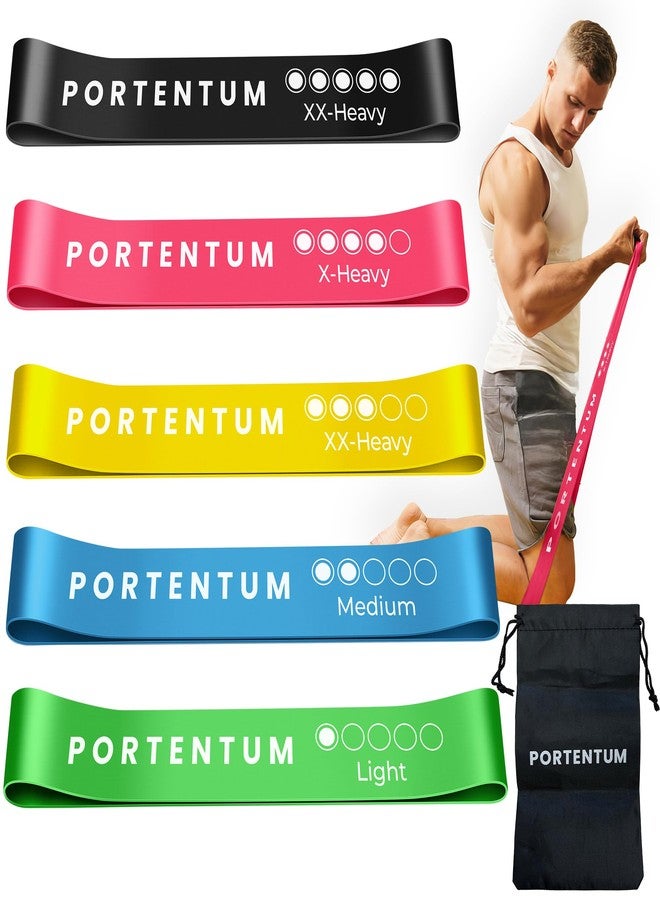 PORTENTUM مجموعة أحزمة مقاومة مارف للرجال [مجموعة من 5 قطع]، مجموعة أحزمة مقاومة لطيفة على البشرة مع 5 مستويات مقاومة مختلفة - أحزمة علاجية مع حافظة مرفقة - مثالية للصالة الرياضية، المنزل، اليوغا، والتدريب - Image 1