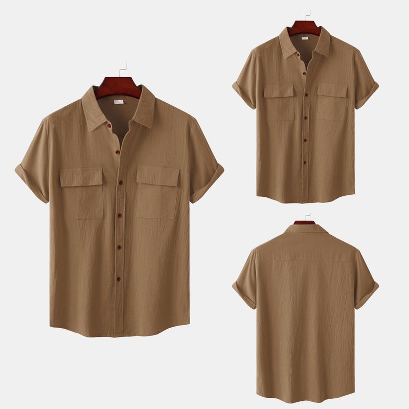 Summer new men's linen short-sleeved shirt men's square collar casual cotton and linen shirt linen solid color half-sleeve top black XL - Image 3