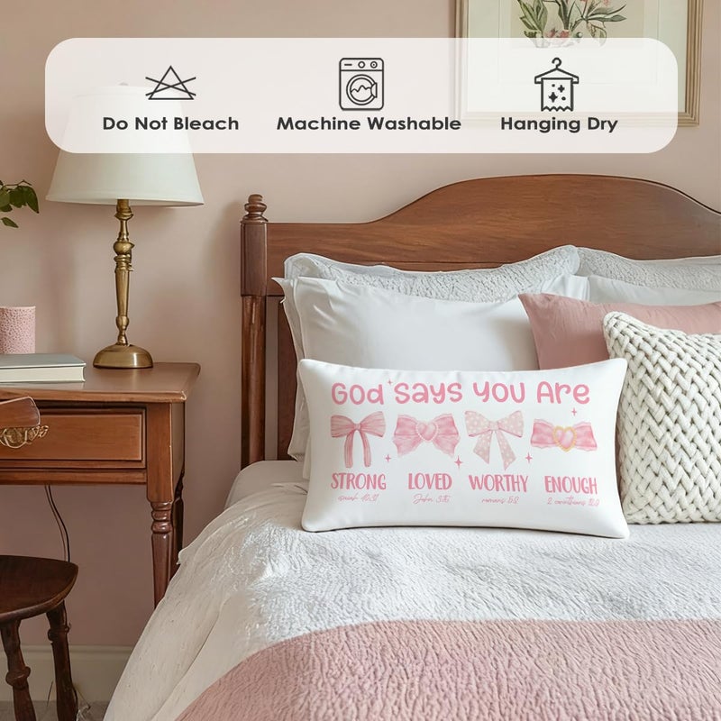 Wheatwin Pink Bow Coquette Christian Throw Pillow Cover 12x20, Decor for Women Girls Tween, Bow Decor for Girls Room Dorm, Bible Verse Pink Bows Inspirational Affirmations Gifts - Image 3