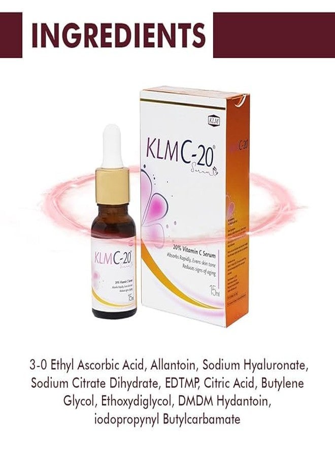 KLM C-20 20% Vitamin C Serum 15ml | Anti-Aging, Brightening & Even Skin Tone | Fast Absorbing - Image 3