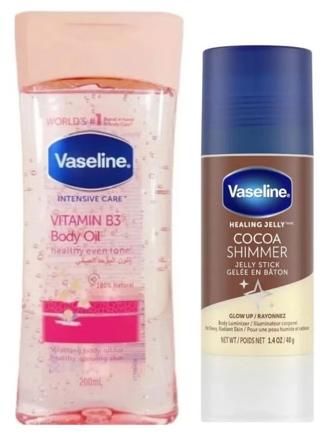 Vaseline Body Care Bundle: Vitamin B3 Body Oil for Healthy Even Tone 200ml + Healing Jelly Cocoa Shimmer Stick Body Luminizer 40gm