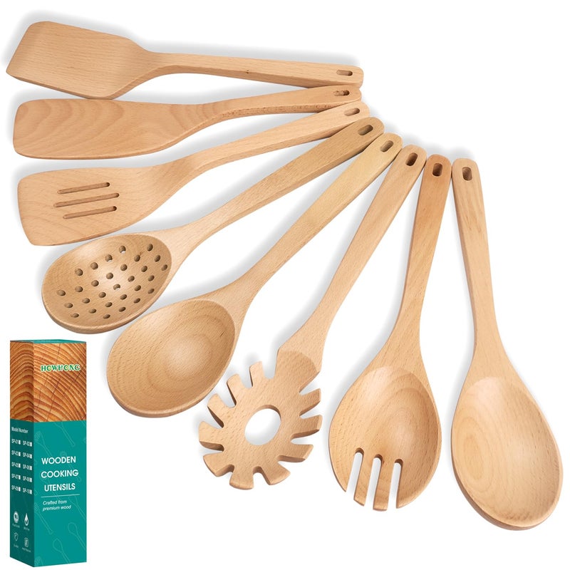 Wooden Spoons for Cooking 8Piece Natural Beech Wood Cooking Utensils Set  Wooden Kitchen Utensils Set Nonstick Safe NonToxic Wooden Cooking Tools by HOWHONG