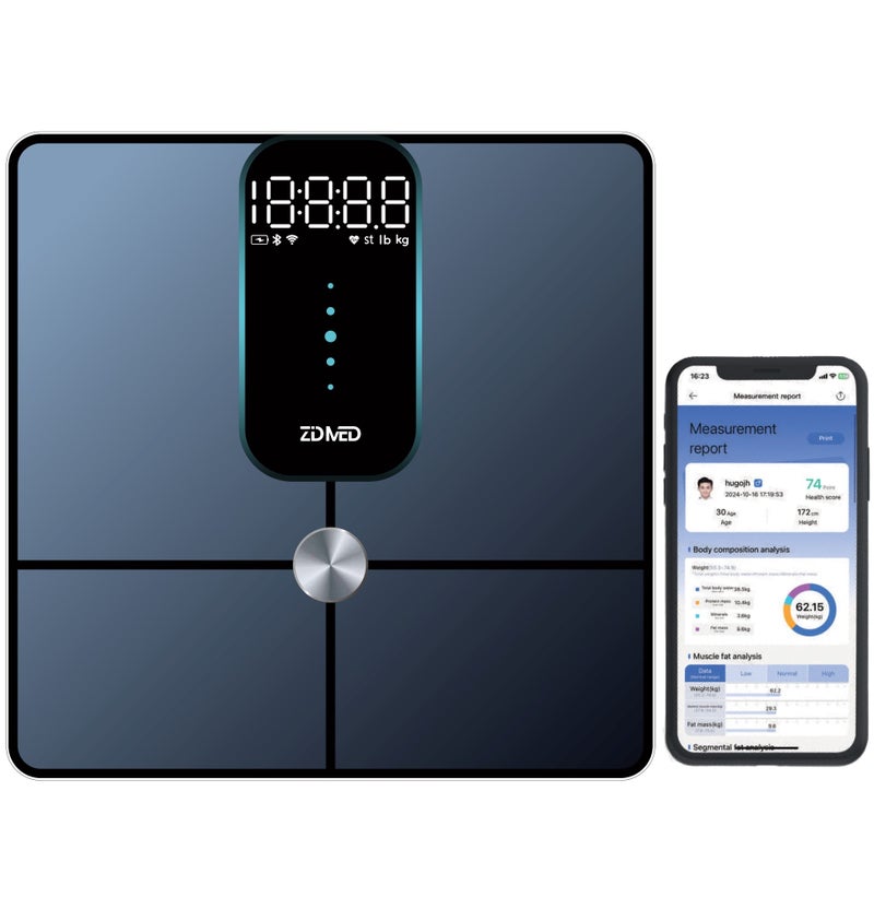 زدميد ميزان Zidmed ذكي بخاصية الواي فاي والبلوتوث لقياس وزن الجسم (12+ مقياس) – طراز+WIFI – زجاج مقوّى عالي الدقة - Image 1