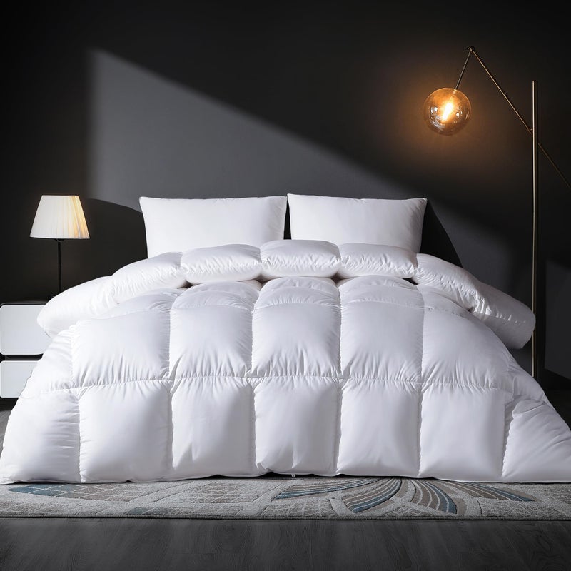DOWNSTORIA Feather Down Comforter Queen Size Duvet Insert, Light Weight True Baffle-Box Noiseless Bedding Comforters, Soft Hotel Collection Bed Comforter, Medium Warmth - White, 90 X 90 in. - Image 1