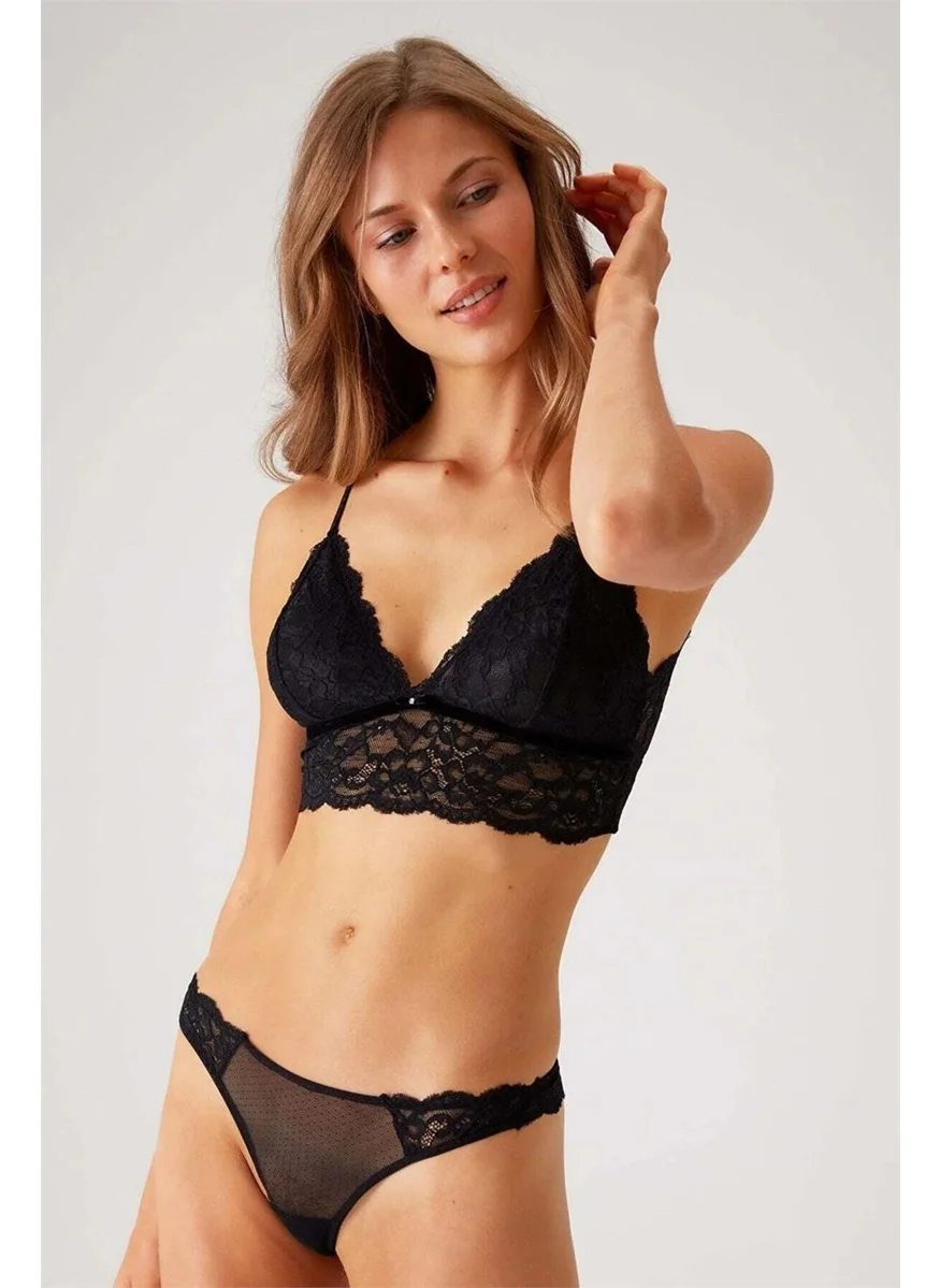 بيير كاردان 4842 Thin Strap Lace Bralet Bra Panties Set-Black
