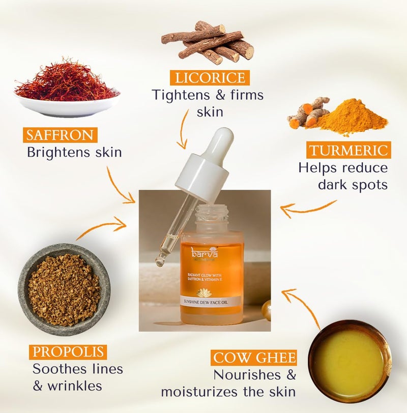 Barva Sunshine Dew Face Oil For Radiant Youthful  Glowing Skin Contains Saffron Vitamin E Turmeric Liquorice  Ghee blend30ml - Image 4