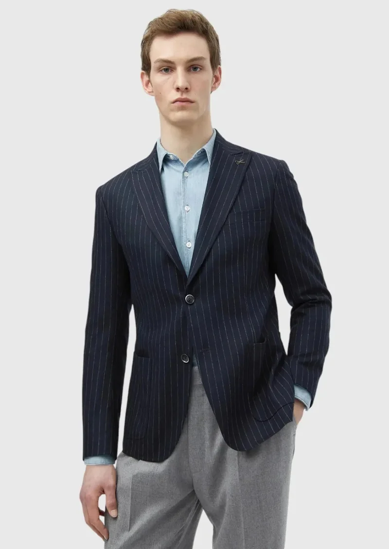 RAMSEY Navy Blue Striped Zeroweight Slim Fit Wool Blended Jacket