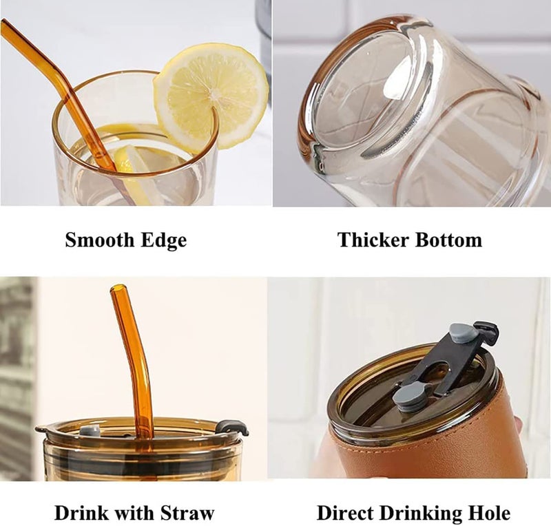 BRUSHFINCH Glass Tumbler with Silicone Straw and Lid 435 ml Glass Cup with Leather Sleeve Glass Coffee Mugs for Straw and Direct Drinking Mouth Dual Use Summer Travel Essentials Glass Bottle 1pc - Image 3