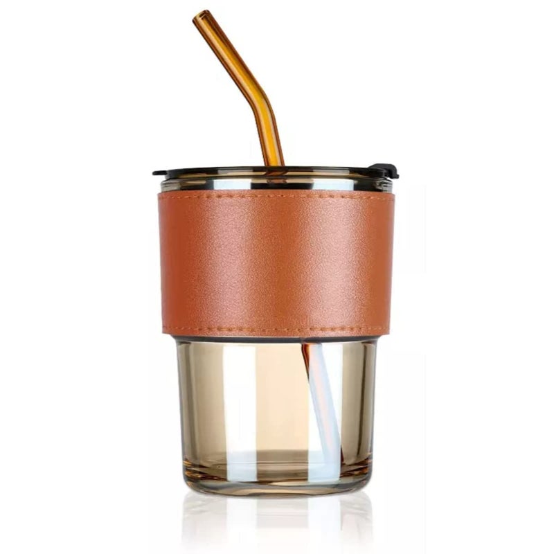 BRUSHFINCH Glass Tumbler with Silicone Straw and Lid 435 ml Glass Cup with Leather Sleeve Glass Coffee Mugs for Straw and Direct Drinking Mouth Dual Use Summer Travel Essentials Glass Bottle 1pc - Image 2