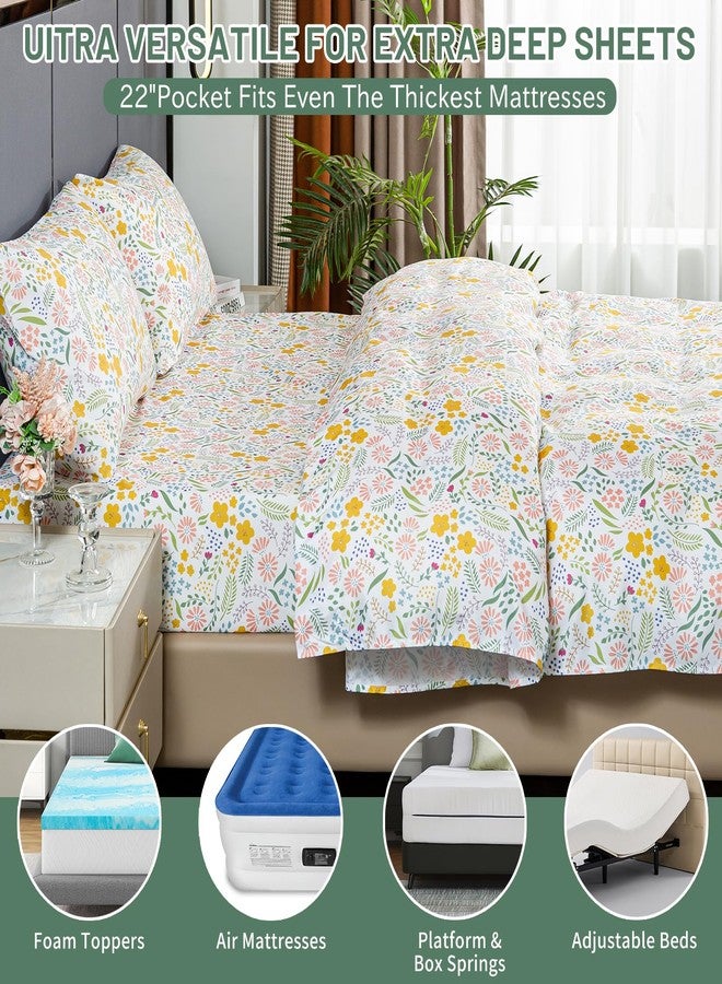 Bedlifes King Size Deep Pocket Sheet Sets-Fits Mattresses Up to 18-24" Thick 22"-4 PC Microfiber Extra Deep Pocket Sheets-1800 Thread Count Soft Smooth Breathable Floral(King) - Image 5