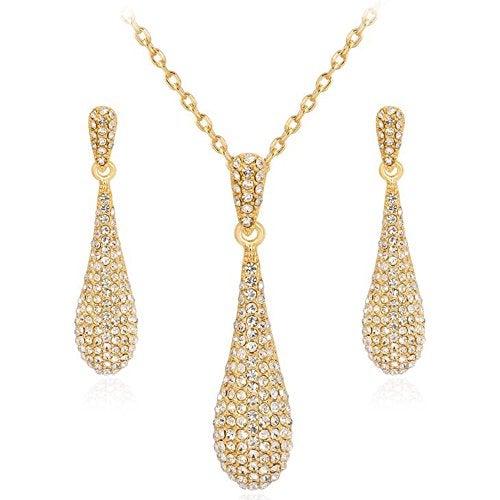 YINLI Gold Full Crystal Rhinestone Gem Tear Drop Pendant Necklace Earrings Jewelry Sets (Style01) - Image 1