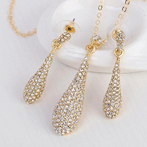 YINLI Gold Full Crystal Rhinestone Gem Tear Drop Pendant Necklace Earrings Jewelry Sets (Style01) - Image 5