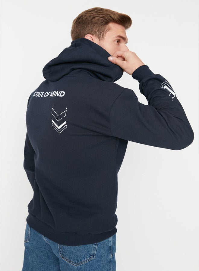 trendyol Navy Blue Oversize/Wide Cut Text Printed Inside Fleece/Warm Sweatshirt - Image 1