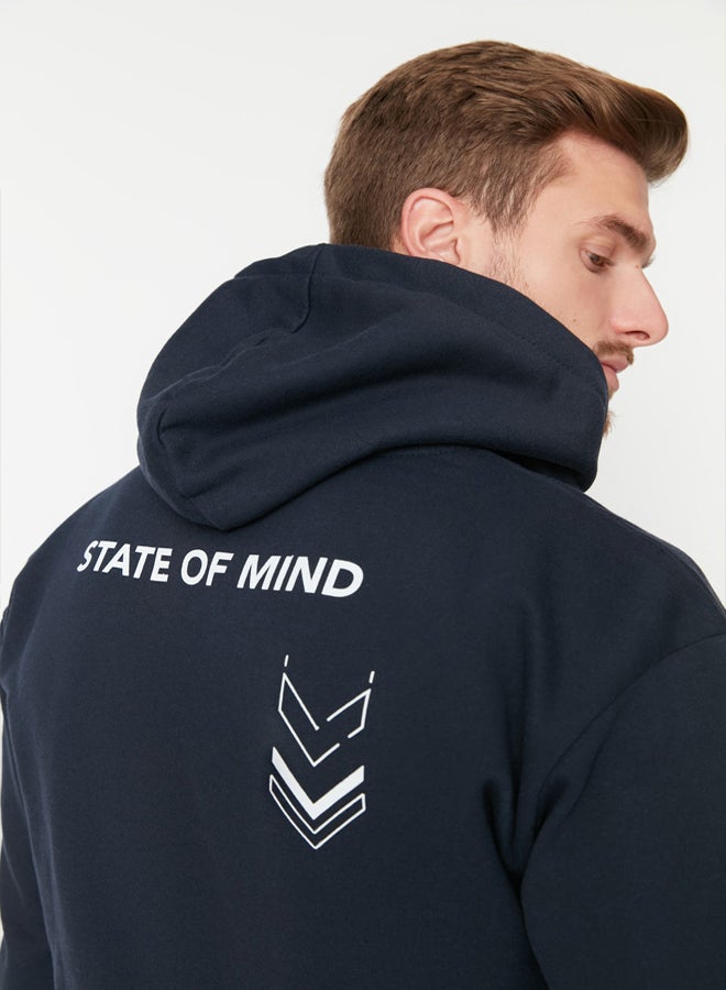 trendyol Navy Blue Oversize/Wide Cut Text Printed Inside Fleece/Warm Sweatshirt - Image 3