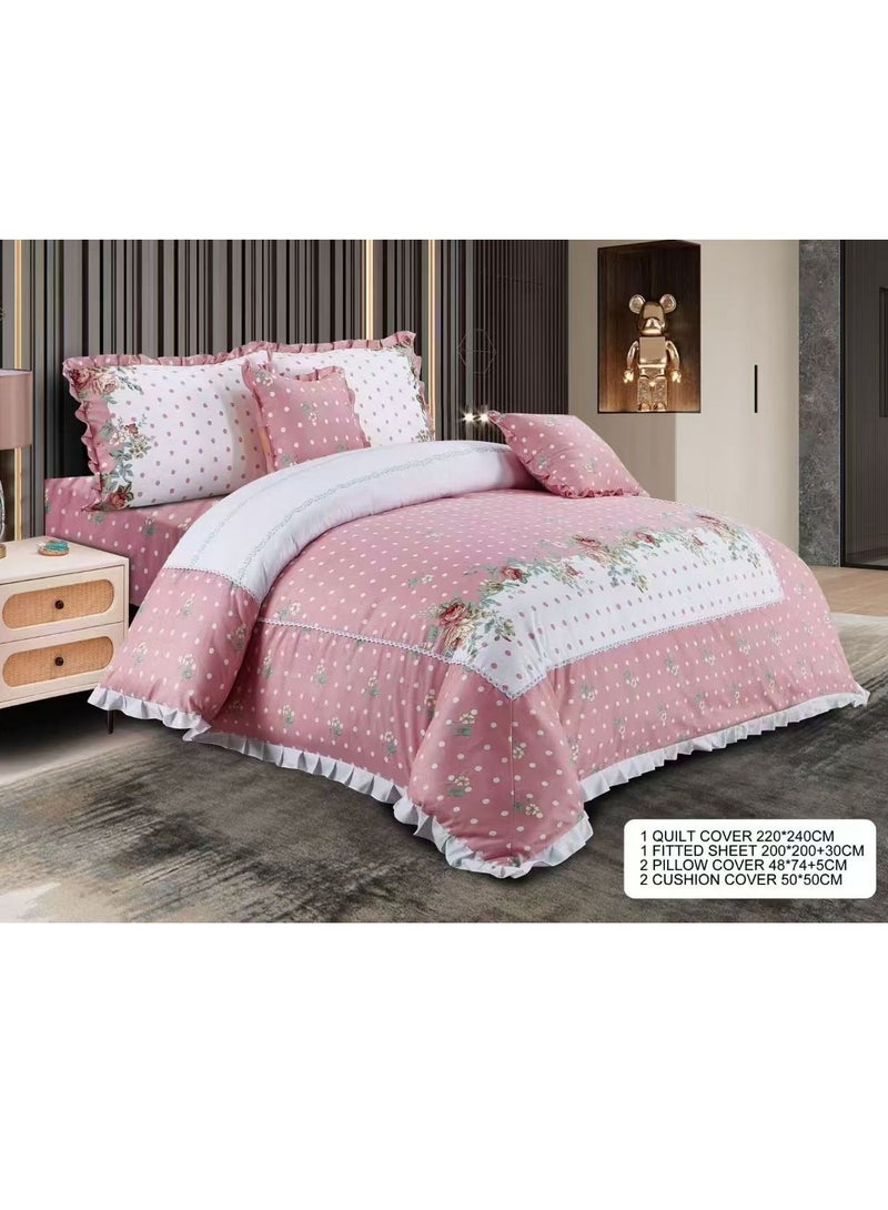 100% Cotton Floral Printed Soft Duvet Cover Ruffle Bedding Set 6 Pieces King Size
