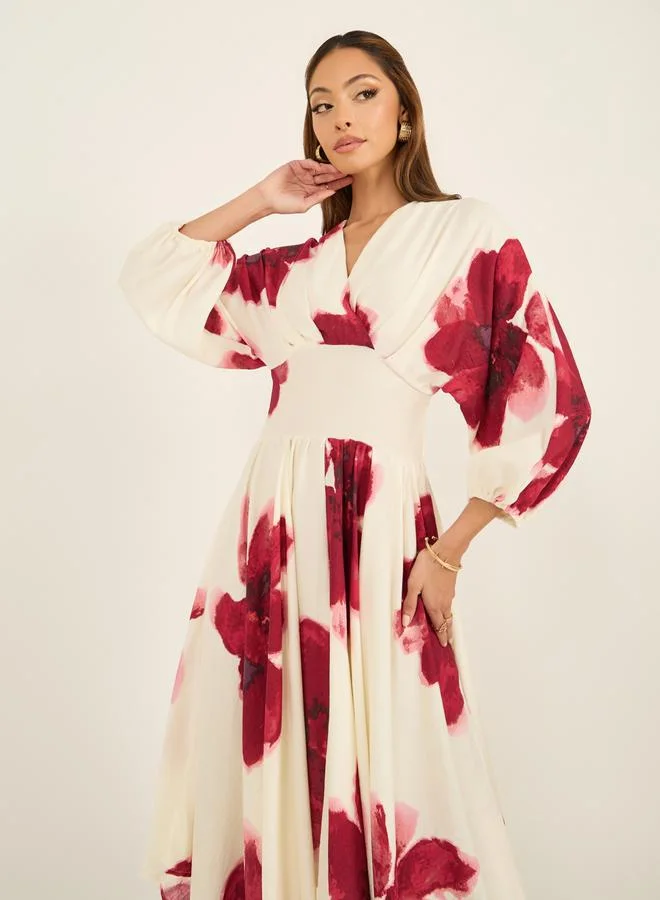 Styli Printed V-Neck A-Line Midi Dress