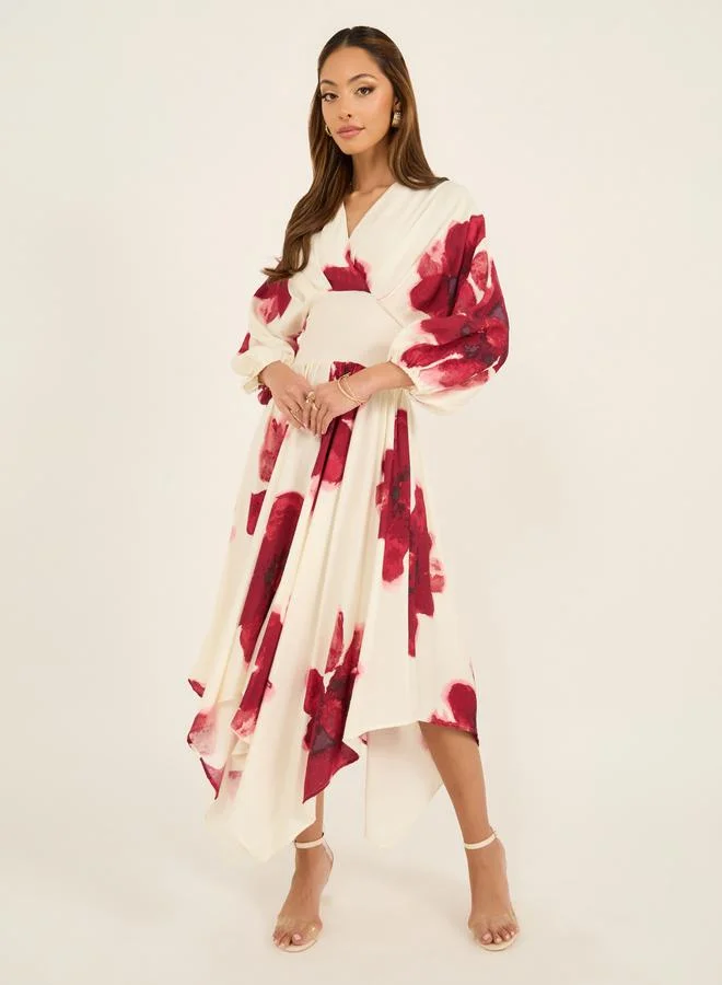 Styli Printed V-Neck A-Line Midi Dress