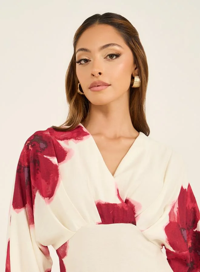 Styli Printed V-Neck A-Line Midi Dress