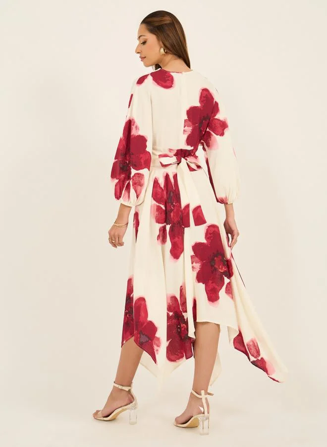 Styli Printed V-Neck A-Line Midi Dress