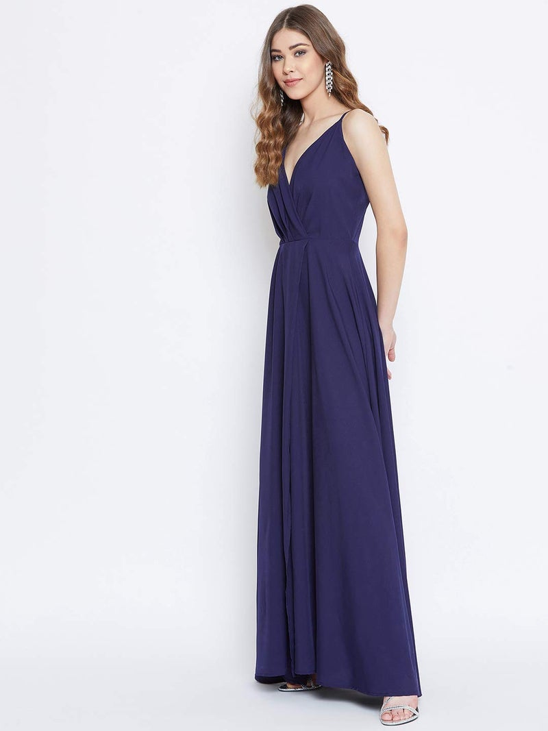 Berrylush Women Stylish Flaired Front Slit Shoulder Strap Maxi Dress_Navy Blue_Small - Image 3