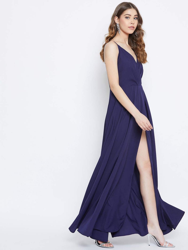 Berrylush Women Stylish Flaired Front Slit Shoulder Strap Maxi Dress_Navy Blue_Small - Image 4
