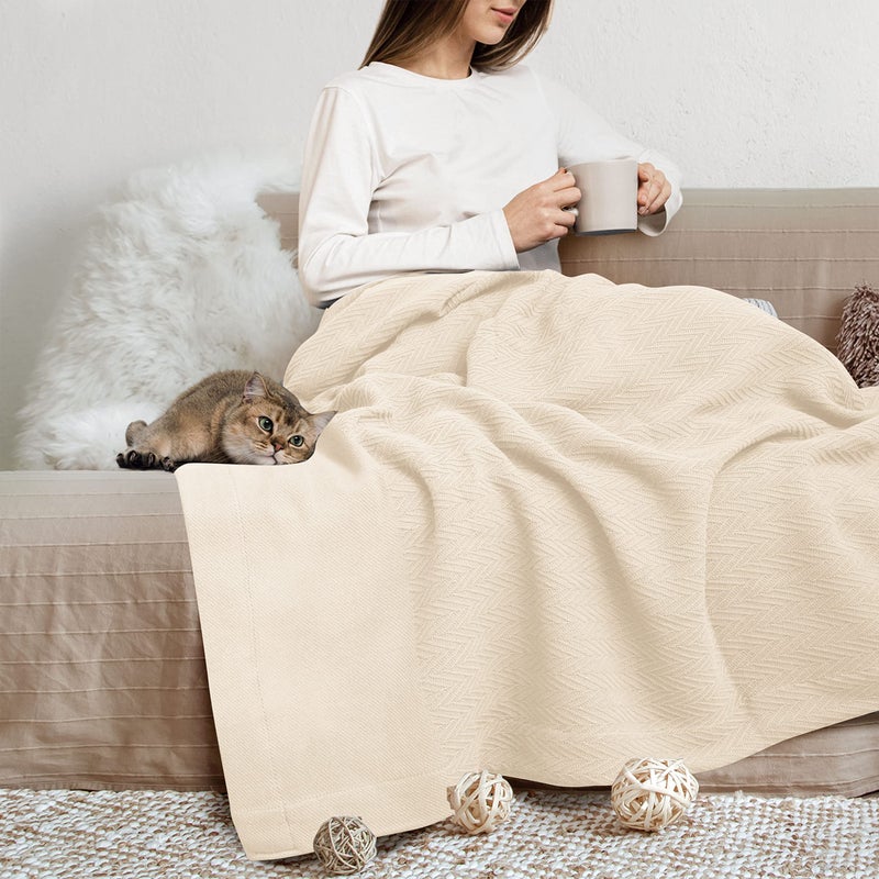 THREAD SPREAD Organic GOTS Cotton Blanket FullQueen  350 GSM Antistatic Fuzzy Soft Lightweight Sofa Camping  Travel Perfect Herringbone All Seasons Throw IvoryCream  Free Tote Bag