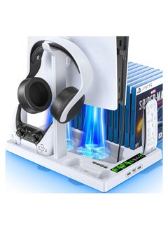 AWH PS5 Cooling Stand with Controller Charger, Cooling Station with 3-Level Speeds Cooling Fan, PS5 Controller Charging Doking Station with 15 Games Organizer & Headset Holder for Playstation 5 Consol