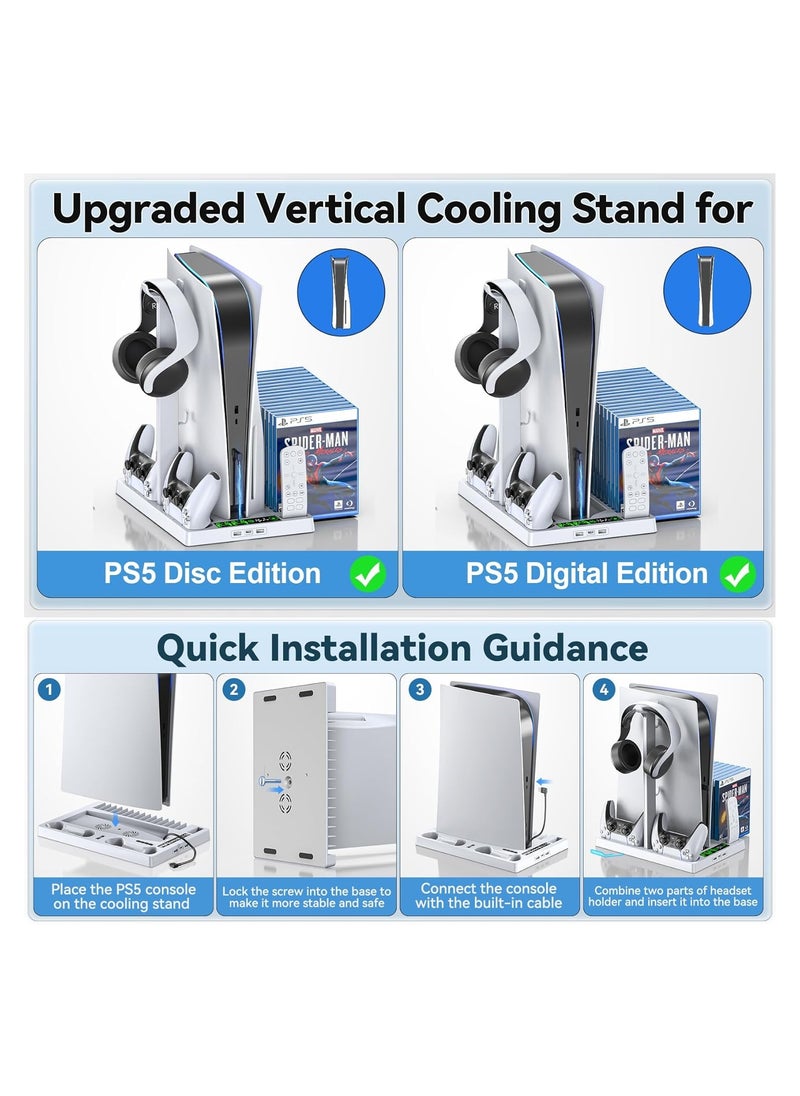 AWH - AWH PS5 Cooling Stand with Controller Charger, Cooling Station with 3-Level Speeds Cooling Fan, PS5 Controller Charging Doking Station with 15 Games Organizer & Headset Holder for Playstation 5 Consol - Image 1