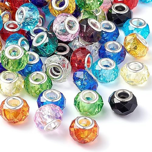 RUBYCA Murano Faceted Beads for Jewelry Making Glass Beads for Bracelets Making Charms European Silver Core Lampwork Spacer Craft Large Hole Bulk 50 Pcs Mix - Image 1