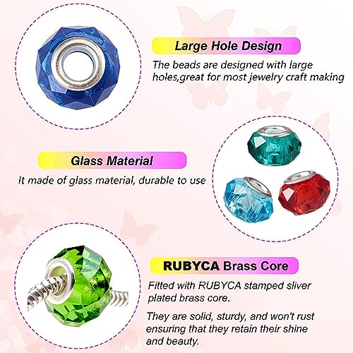 RUBYCA Murano Faceted Beads for Jewelry Making Glass Beads for Bracelets Making Charms European Silver Core Lampwork Spacer Craft Large Hole Bulk 50 Pcs Mix - Image 2