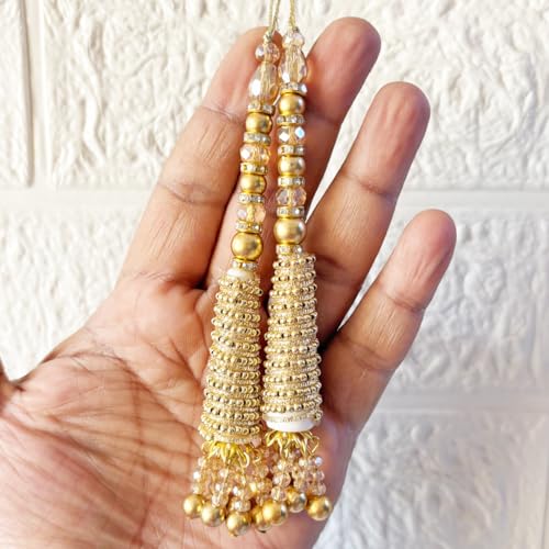 Adikala Craft Store Handmade Ethnic Latkan Tassel Set of 2 for Saree Pallu, Blouse, Suits, Dupatta, Lehenga Decor (Golden French Wire) - Image 1