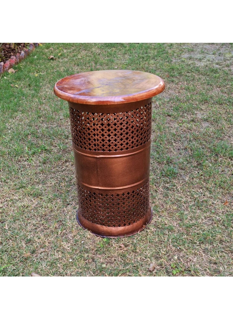 pranjals house - pranjals house Beautiful Metal T-Light Sitting Stool Wooden Brass Beautiful Side Table/Coffee Table/Corner Table/Outdoor Table/Living Room Furniture Floral Design Home Decor|Office Decoration|Mudda - Image 1