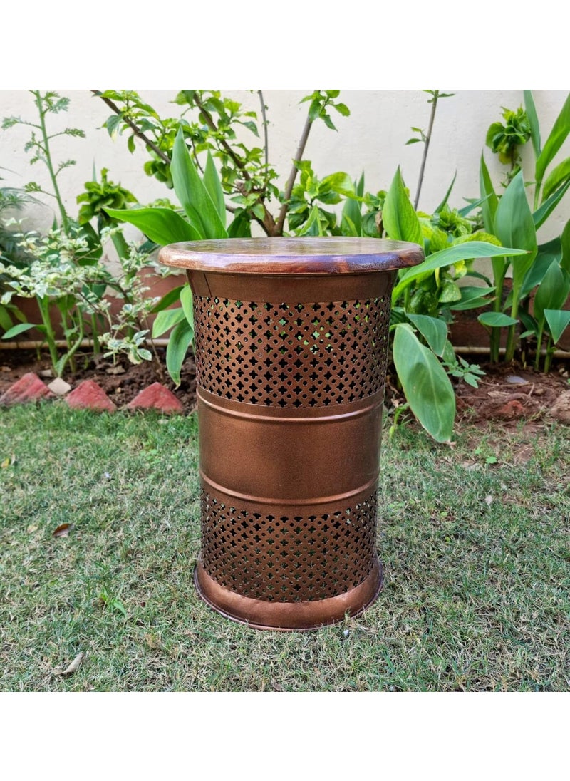 pranjals house - pranjals house Beautiful Metal T-Light Sitting Stool Wooden Brass Beautiful Side Table/Coffee Table/Corner Table/Outdoor Table/Living Room Furniture Floral Design Home Decor|Office Decoration|Mudda - Image 1