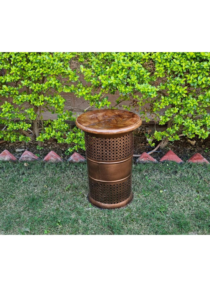 pranjals house - pranjals house Beautiful Metal T-Light Sitting Stool Wooden Brass Beautiful Side Table/Coffee Table/Corner Table/Outdoor Table/Living Room Furniture Floral Design Home Decor|Office Decoration|Mudda - Image 1