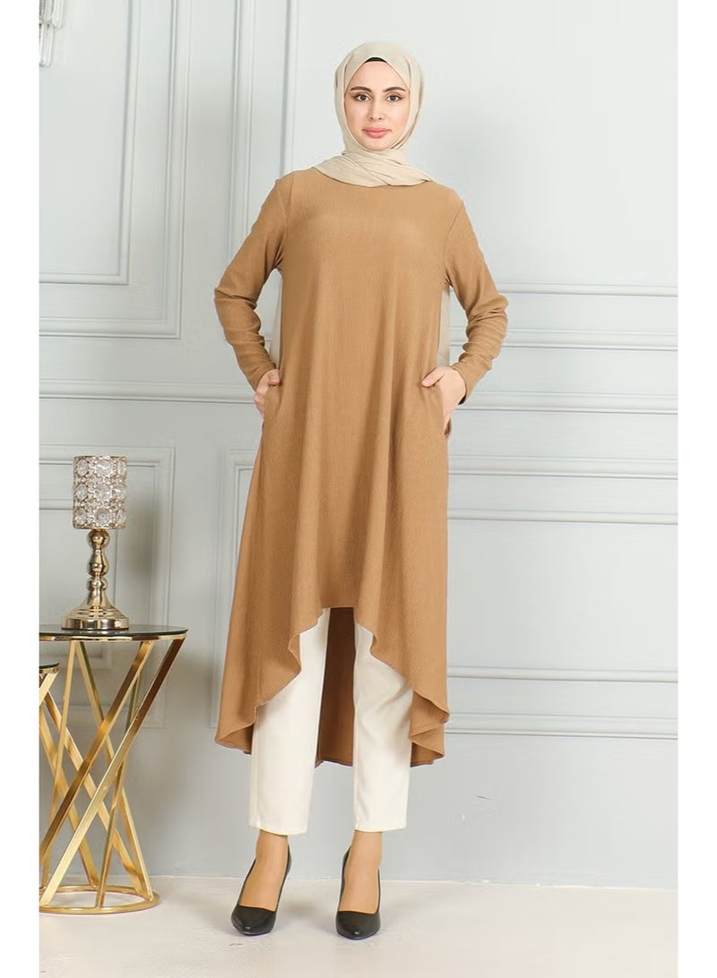 Sefa Merve بُرُمجك قماش تونك بقصة غير متماثلة 1032-03 ميلكي كوفي - Image 1