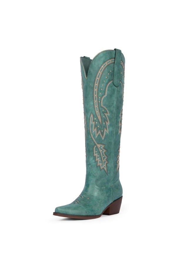 QIY Cowboy Boots for Women Knee High Womens Rhinestone Cowgirl Boots Pointed Toe Slip on Chunky Heel Western Boot, Turquoise, 7 - Image 1