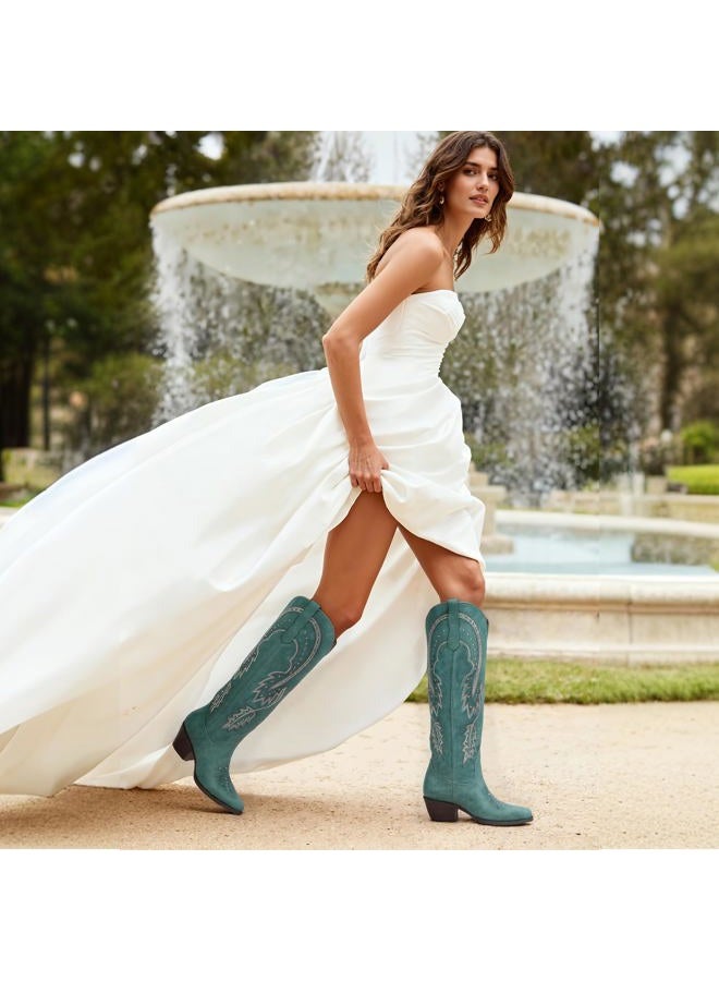 QIY Cowboy Boots for Women Knee High Womens Rhinestone Cowgirl Boots Pointed Toe Slip on Chunky Heel Western Boot, Turquoise, 7 - Image 2