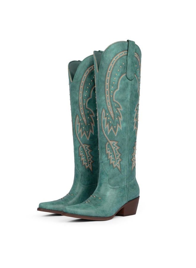 QIY Cowboy Boots for Women Knee High Womens Rhinestone Cowgirl Boots Pointed Toe Slip on Chunky Heel Western Boot, Turquoise, 7 - Image 5